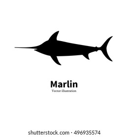 Vector illustration of black silhouette of fish marlin. Isolated on white background. Logo icon swordfish. Side view of the profile. The concept of fishing at sea, in the ocean.