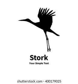 Vector Illustration Of Black Silhouette Of Flying Stork. On An Isolated White Background. Logo Icon Bird Side View Profile.