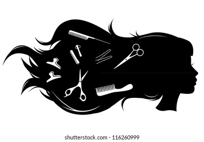 Vector illustration of black silhouette girl with long hair and hairdressing tools