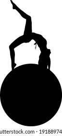 vector illustration of a black silhouette of a girl in a swimsuit standing on the bridge gymnastics, raising up her right leg, standing with her hands on a black ball on a white background