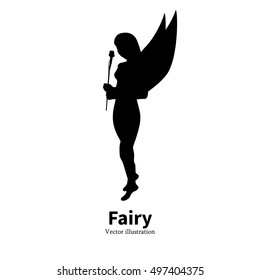 Vector illustration of black silhouette of a girl with a flower and wings. Fairy on isolated white background. Side view of the profile.