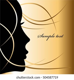 Vector illustration of Black silhouette of the girl with developing hair in the wind. Gold background.