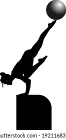 vector illustration of a black silhouette of a gymnast who stands with her hands on the pedestal and holds the ball on her leg extended upwards