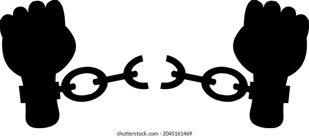 Vector Illustration Of A Black Silhouette Of A Hands Breaking Free From Chains