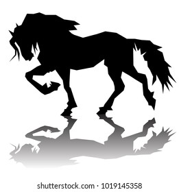 Vector illustration of black silhouette of horse on a white background with tiny and reflection. Drawing straight lines.