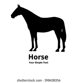 Vector illustration of black silhouette of a horse with the inscription. Isolated on white background. The concept of farm animals. Logo icon horse side view profile. Form stallion trotter.