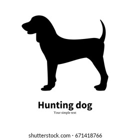 Vector illustration of a black silhouette of a hunting dog. Isolated on white background. Icon standing puppy, side view, profile.