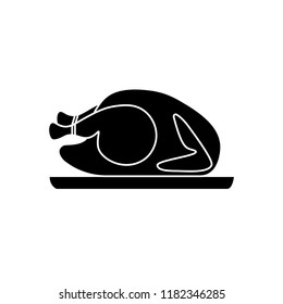 Vector  illustration with black silhouette icon of roasted turkey on a dish