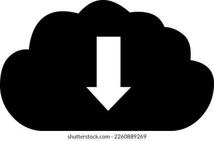 vector illustration of black silhouette icon of a cloud with a white arrow pointing downward, in concept of downloading files from the internet