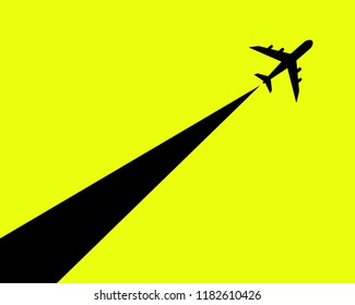 Vector illustration of black silhouette of jet airplane isolated on yellow. Takeoff plane symbol.