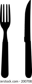 Ilustración vectorial de la silueta negra de un cuchillo de cocina y un tenedor