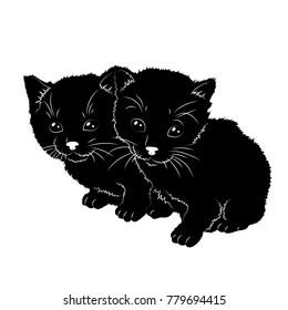 Vector illustration. Black silhouette of kittens
