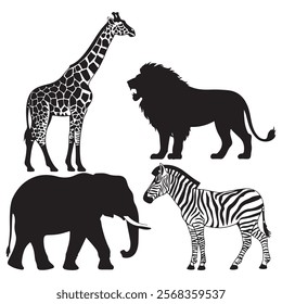vector illustration of a black silhouette of a lion, giraffe, zebra, and elephant  bundle set against a white background