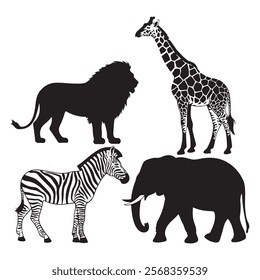 vector illustration of a black silhouette of a lion, giraffe, zebra, and elephant  bundle set against a white background