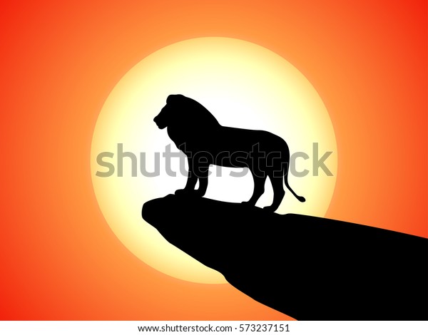 岩石の崖にライオンの黒いシルエットが描かれたベクターイラスト 側面図 縦断日没の背景にシルエット動物の捕食者 のベクター画像素材 ロイヤリティフリー