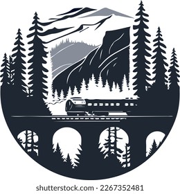 Vector illustration of a Black silhouette of locomotive, a train  on an large old arched bridge on a railway in a mountain landscape in shape of circle logo