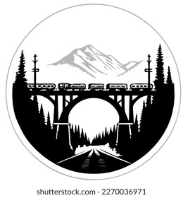 Ilustración vectorial de una silueta negra de locomotora, un tren en un gran puente arqueado sobre un ferrocarril en un paisaje montañoso en forma de logo circular