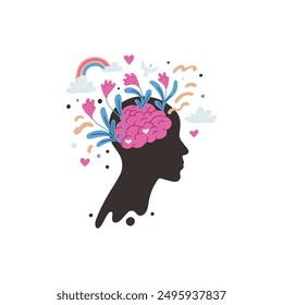 Vector illustration of a black silhouette of a man with a pink brain. It depicts growing flowers, a soaring bird and a rainbow among the clouds. Mental Health Day. Flat style, isolated background.