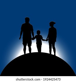 vector illustration black silhouette married couple man, woman, child holding hands standing on the surface of the earth and looking at the bright white sun surrounded by darkness with hope for a brig