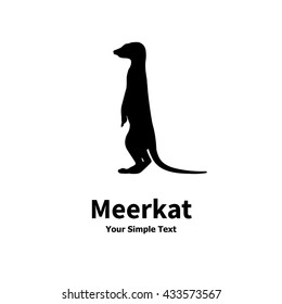 Vector illustration of black silhouette meerkat stands on his hind legs and looks into the distance. Isolated on white background. Profile side view standing meerkat. Inscription.