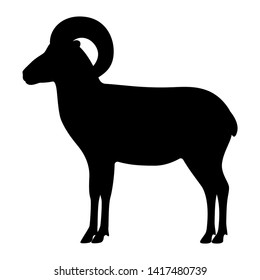 Vector illustration of a black silhouette of a mountain ram. Isolated white background. Mountain sheep logo icon, side view profile.