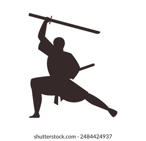 Vector illustration of a Black Silhouette of a ninja in a fighting stance. Character sketch in flat style on isolated background. Ideal for martial arts themes.