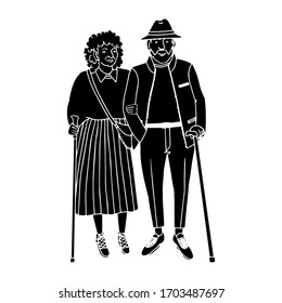 Vector illustration of black silhouette old people walking, isolated on white background