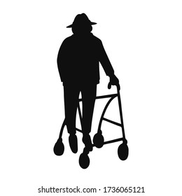 Vector Illustration Of Black Silhouette Old Man Walking With Rollator Isolated On White Background