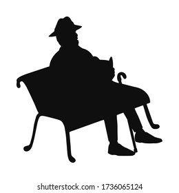 Vector illustration of black silhouette old man sitting on a park bench reading a book. Isolated on white background
