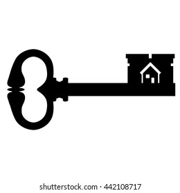 Vector illustration black silhouette of old key. Vintage key. Antique key with house symbol