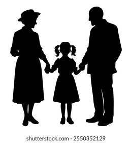 Vector illustration. Black silhouette on white background. Grandmother and grandfather with granddaughter walking hand in hand.