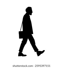 Vector illustration. Black silhouette on white background. Man goes sideways.
