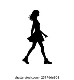 Vector illustration. Black silhouette on white background. Woman walking sideways.