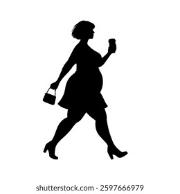 Vector illustration. Black silhouette on white background. Woman walking sideways.