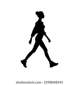 Vector illustration. Black silhouette on white background. Woman walking sideways.