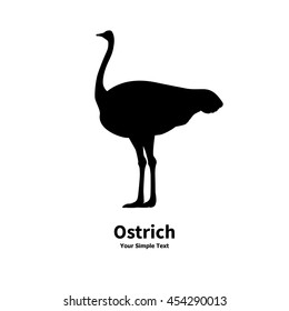 Vector illustration of black silhouette of ostrich isolated on white background. Camel-bird side view profile. Ostrich logo icon.