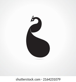 Vector illustration of a black silhouette peacock. Isolated grey background. Icon peafowl side view profile.