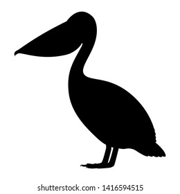 Vector illustration of black silhouette of pelican. Isolated white background. Pelican logo icon, side view profile.