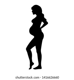 Vector illustration of a black silhouette of a pregnant girl with a belly stands in full growth. Isolated white background. Pregnant woman side view profile.