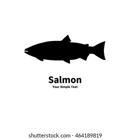 Vector illustration of black silhouette salmon on white background isolated. Fish side view profile.