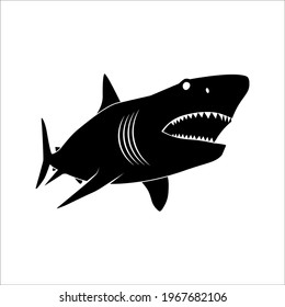 Vector Illustration Of A Black Silhouette Shark. Icon Fish Shark Side View Profile On White Background. Color Editable Eps 10