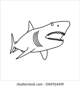 Vector Illustration Of A Black Silhouette Shark. Icon Fish Shark Side View Profile On White Background. Color Editable Eps 10