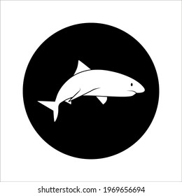 Vector Illustration Of A Black Silhouette Shark. Icon Fish Shark Side View Profile On White Background. Color Editable Eps 10