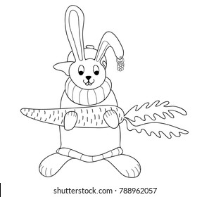 Vector illustration of black silhouette sitting bunny. Drawing, image, isolated on white background. European hare.