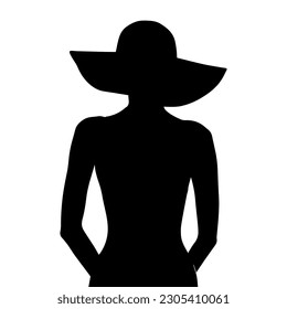 Ilustración vectorial. Silueta negra de una chica delgada con un sombrero de paja.