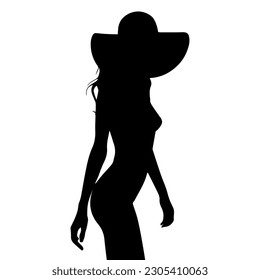 Vector illustration. Black silhouette of a slender girl in a straw hat.