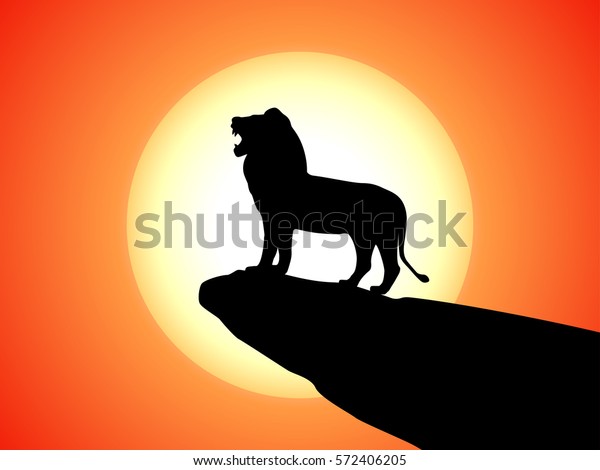 Vector illustration of black silhouette of a snarling lion king wall mural. Against the background of the sunset. Lion King side view profile.