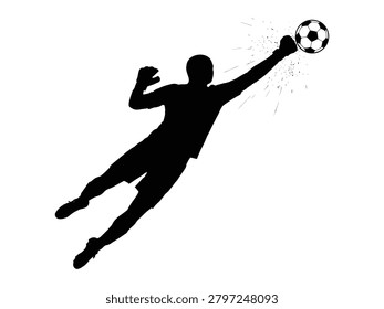 Vector illustration of black silhouette soccer goalkeeper jumping to punch away a ball