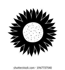 Vector illustration of black silhouette of sunflower isolated on white background. Summer flower cutting frame. Silhouette of beautiful sunflower for icon, floral decor, logo, print.