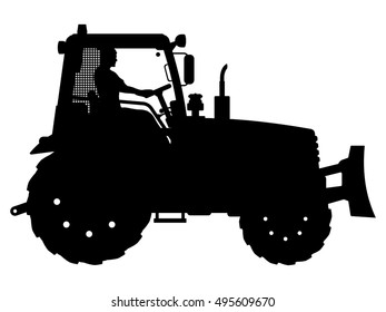 Vector illustration. The black silhouette of a tractor with a driver.
